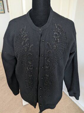 Vintage 1950's Ladies Black Beaded Sweater Tag Reads 44 Fully Lined-Lovely